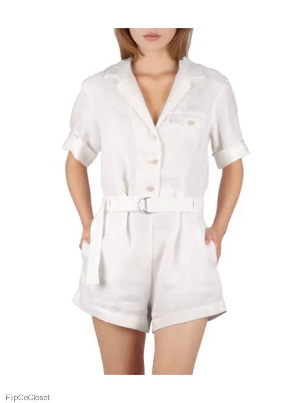 100% Linen Short Romper with Pockets & Belted Summer Jumpsuit